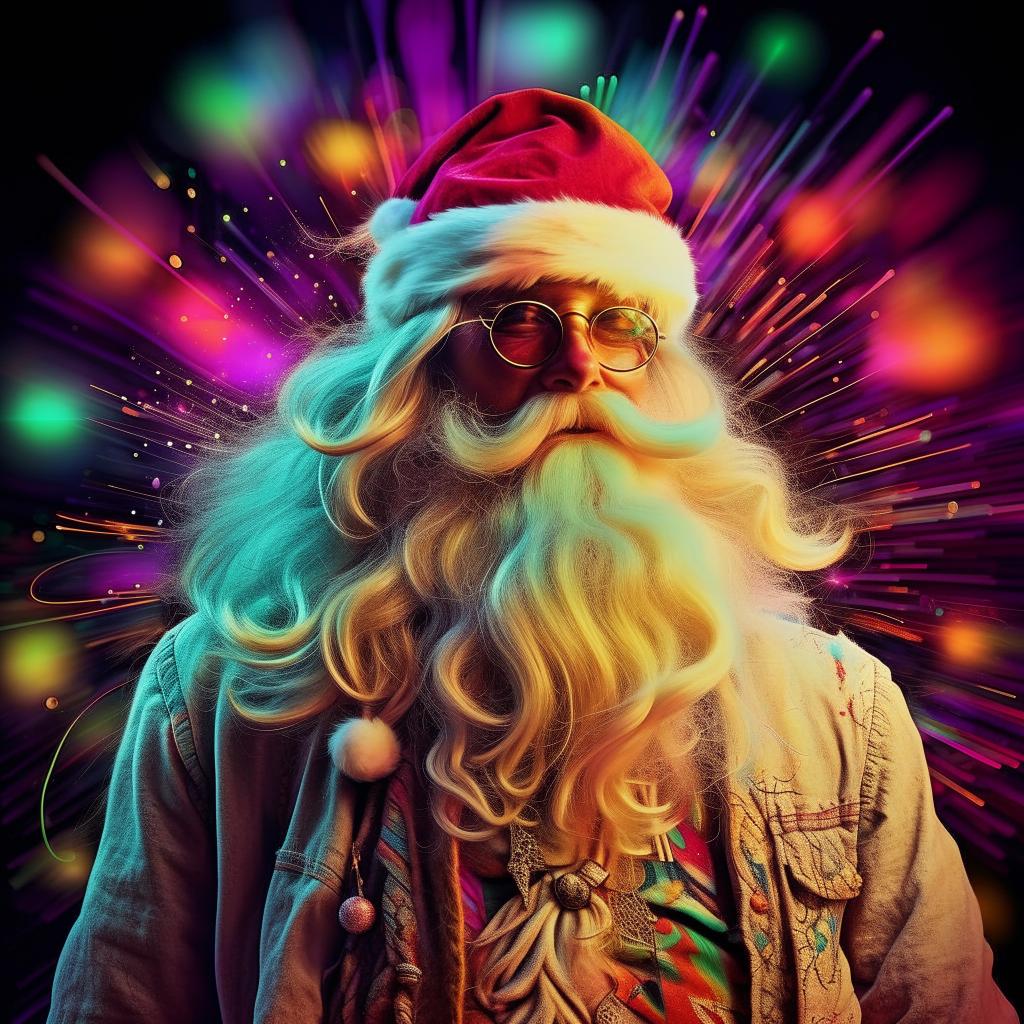 Santa Claus depicted in a hippie style, with psychedelic art influences and luminous light trails