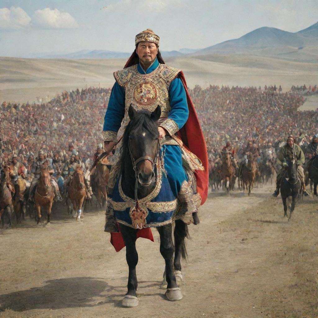 Historically accurate depiction of Genghis Khan in traditional Mongol attire, standing in the vast steps of Mongolia with a commanding presence.