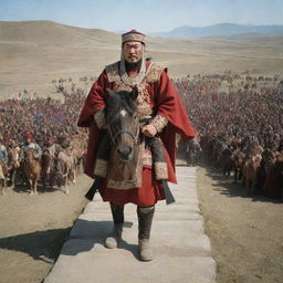 Historically accurate depiction of Genghis Khan in traditional Mongol attire, standing in the vast steps of Mongolia with a commanding presence.