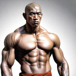 A realistic, high-quality digital art portrait of a 25-year-old muscular, shirtless human monk