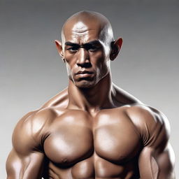 A realistic, high-quality digital art portrait of a 25-year-old muscular, shirtless human monk