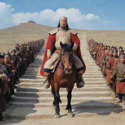 Historically accurate depiction of Genghis Khan in traditional Mongol attire, standing in the vast steps of Mongolia with a commanding presence.