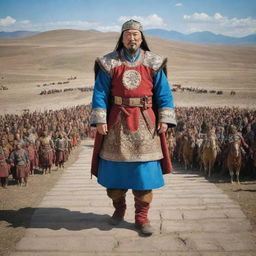 Historically accurate depiction of Genghis Khan in traditional Mongol attire, standing in the vast steps of Mongolia with a commanding presence.