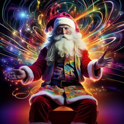 Santa Claus depicted in a hippie style, with psychedelic art influences and luminous light trails