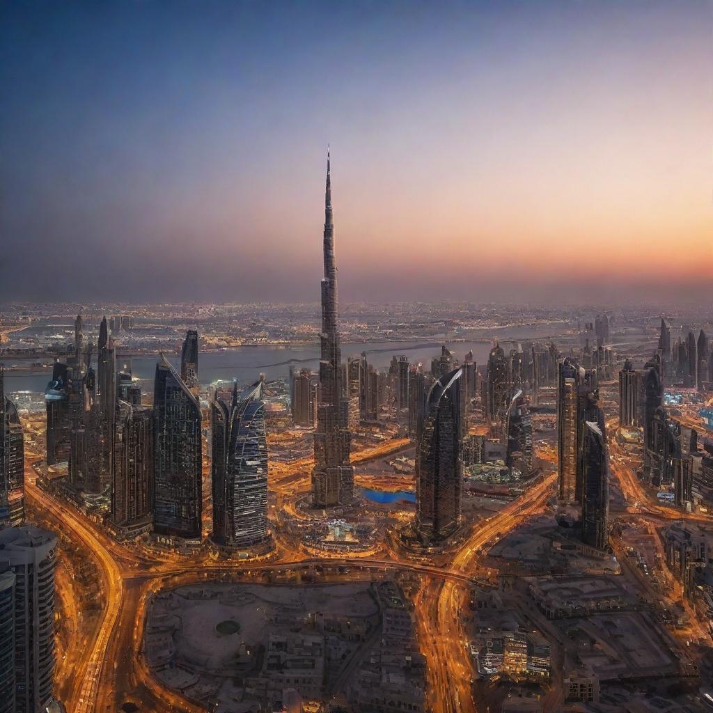 A panoramic view of Dubai at twilight, showcasing its stunning skyline, gleaming skyscrapers, and contrasting traditional architecture against a vibrant sunset