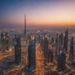 A panoramic view of Dubai at twilight, showcasing its stunning skyline, gleaming skyscrapers, and contrasting traditional architecture against a vibrant sunset