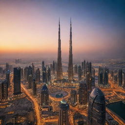 A panoramic view of Dubai at twilight, showcasing its stunning skyline, gleaming skyscrapers, and contrasting traditional architecture against a vibrant sunset