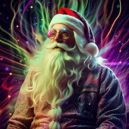 Santa Claus depicted in a hippie style, with psychedelic art influences and luminous light trails