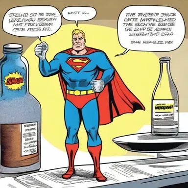 In the comic strip, the superhero's powers were derived from a mysterious soda ash substance found in a secret laboratory.