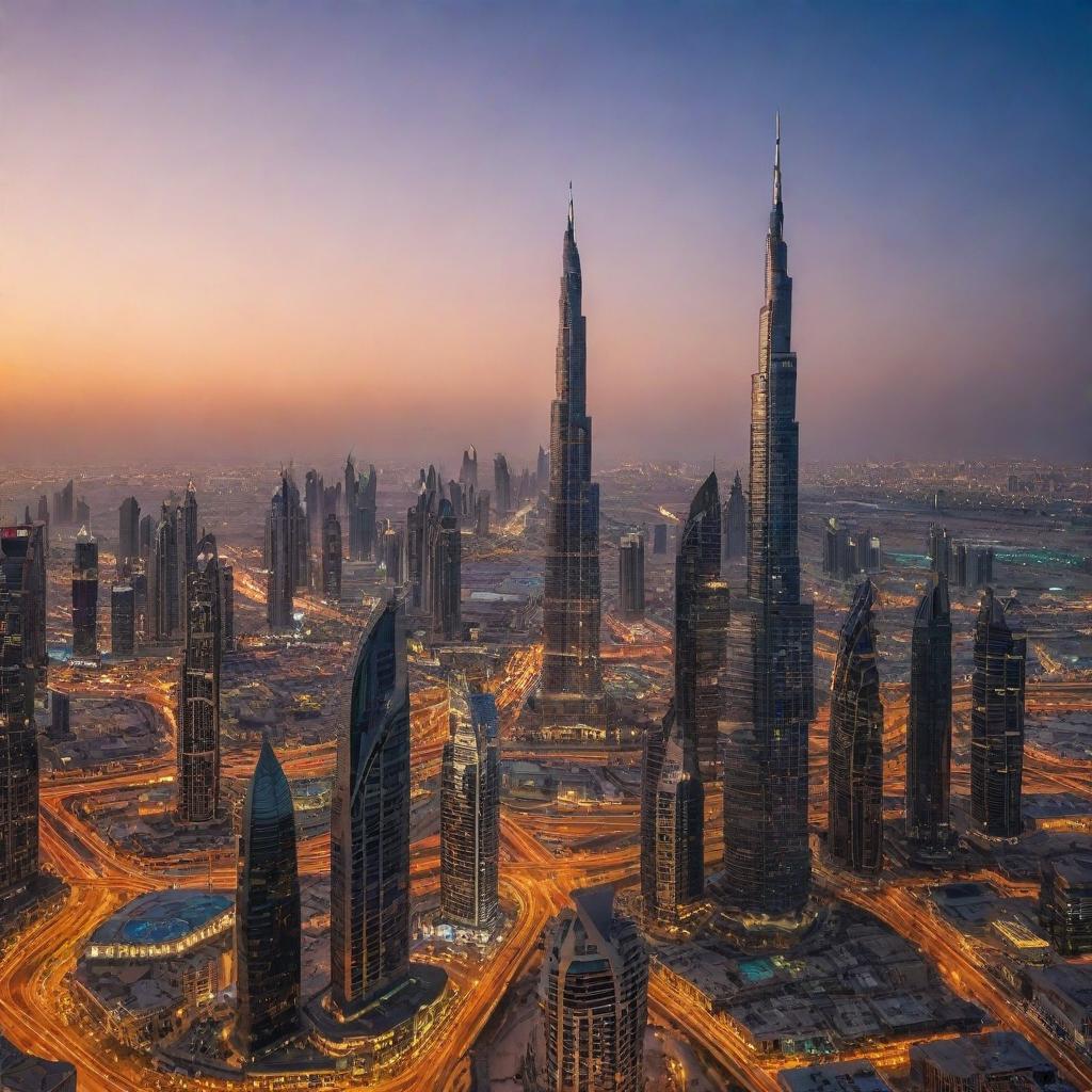 A panoramic view of Dubai at twilight, showcasing its stunning skyline, gleaming skyscrapers, and contrasting traditional architecture against a vibrant sunset