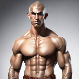 A high-quality, realistic digital art portrait of a young-faced, athletic, muscular, shirtless human monk, reminiscent of the Prince of Persia