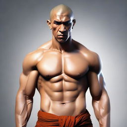 A high-quality, realistic digital art portrait of a young-faced, athletic, muscular, shirtless human monk, reminiscent of the Prince of Persia