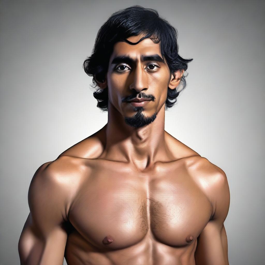 A high-quality, realistic digital art portrait of a young-faced, athletic, muscular, shirtless human monk, bearing a striking resemblance to the actor Dev Patel