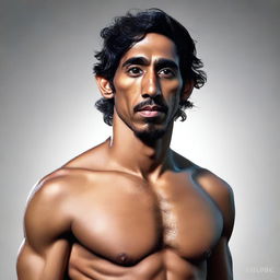 A high-quality, realistic digital art portrait of a young-faced, athletic, muscular, shirtless human monk, bearing a striking resemblance to the actor Dev Patel