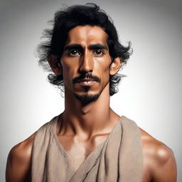 A high-quality, realistic digital art portrait of a young-faced, athletic, muscular, shirtless human monk, bearing a striking resemblance to the actor Dev Patel