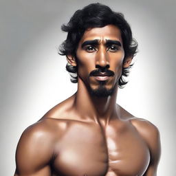 A high-quality, realistic digital art portrait of a young-faced, athletic, muscular, shirtless human monk, bearing a striking resemblance to the actor Dev Patel