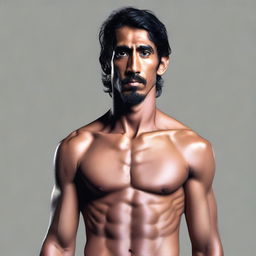 An ultra-high-quality, realistic digital art portrait of an athletic, muscular, shirtless human monk, bearing a striking resemblance to actor Dev Patel