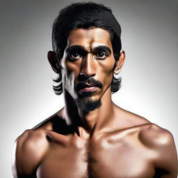 An ultra-high-quality, realistic digital art portrait of an athletic, muscular, shirtless human monk, bearing a striking resemblance to actor Dev Patel