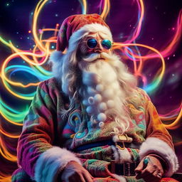 Santa Claus depicted in a hippie style, with psychedelic art influences and luminous light trails