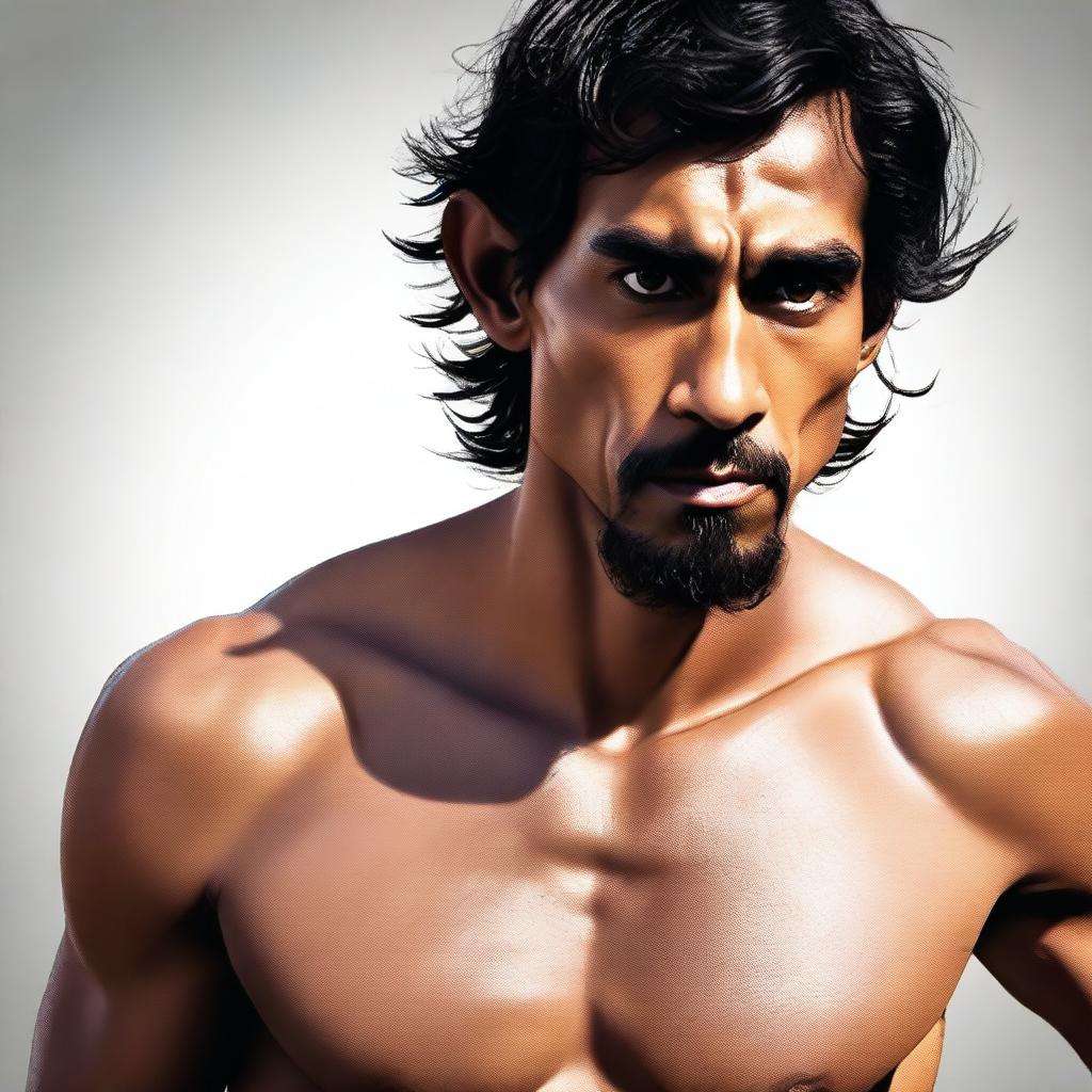 A high-quality, realistic digital art representation of an athletic, muscular, shirtless human monk who bears a striking resemblance to actor Dev Patel in his role in 'Monkey Man'