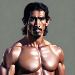 A high-quality, realistic digital art representation of an athletic, muscular, shirtless human monk who bears a striking resemblance to actor Dev Patel in his role in 'Monkey Man'