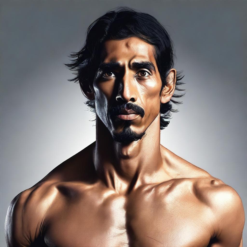 A high-quality, realistic digital art representation of an athletic, muscular, shirtless human monk who bears a striking resemblance to actor Dev Patel in his role in 'Monkey Man'