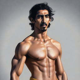 A high-quality, realistic digital art representation of an athletic, muscular, shirtless human monk who bears a striking resemblance to actor Dev Patel in his role in 'Monkey Man'