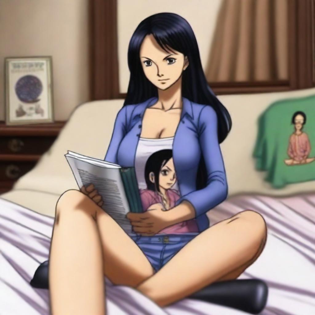 A high-quality, realistic photo capturing Nico Robin from One Piece, engrossed in reading a history book