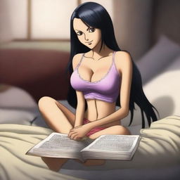 A high-quality, realistic photo capturing Nico Robin from One Piece, engrossed in reading a history book