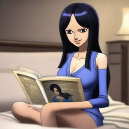 A high-quality, realistic photo capturing Nico Robin from One Piece, engrossed in reading a history book