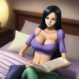 A high-quality, realistic photo capturing Nico Robin from One Piece, engrossed in reading a history book