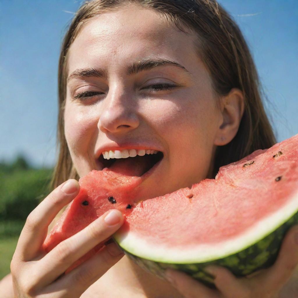 A person joyfully munching on a juicy, ripe watermelon slice on a sunny summer day, with juice dripping down their chin