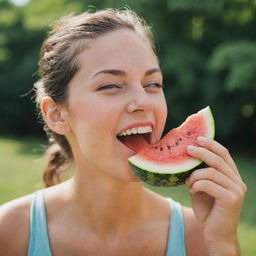 A person joyfully munching on a juicy, ripe watermelon slice on a sunny summer day, with juice dripping down their chin