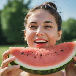 A person joyfully munching on a juicy, ripe watermelon slice on a sunny summer day, with juice dripping down their chin