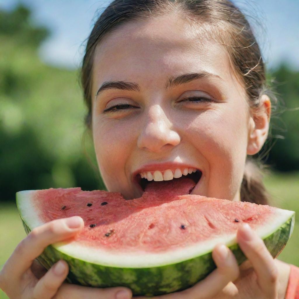 A person joyfully munching on a juicy, ripe watermelon slice on a sunny summer day, with juice dripping down their chin