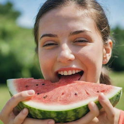 A person joyfully munching on a juicy, ripe watermelon slice on a sunny summer day, with juice dripping down their chin