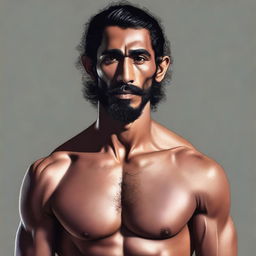 A realistic, high-quality digital art portrait of an athletic, muscular, shirtless human monk, bearing a striking resemblance to a bearded Dev Patel