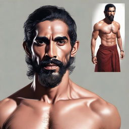 A realistic, high-quality digital art portrait of an athletic, muscular, shirtless human monk, bearing a striking resemblance to a bearded Dev Patel