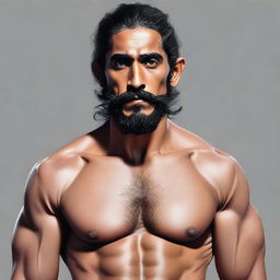 A realistic, high-quality digital art portrait of an athletic, muscular, shirtless human monk, bearing a striking resemblance to a bearded Dev Patel