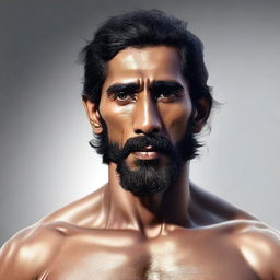 A realistic, high-quality digital art portrait of an athletic, muscular, shirtless human monk, bearing a striking resemblance to a bearded Dev Patel