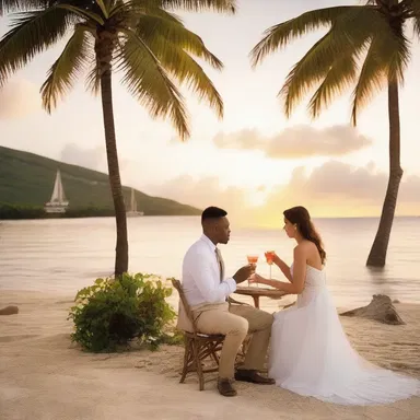 As the sun set over the beautiful tropical island, the couple enjoyed sipping on a refreshing curacao cocktail, enhancing the romance of their evening.