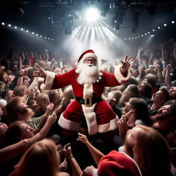 Santa Claus energetically moshing in a packed concert pit, surrounded by anatomically correct, excited human concertgoers, with vibrant stage lights & roar of music in the background.