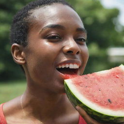 A person with dark skin joyfully munching on a juicy, ripe watermelon slice on a sunny summer day, with juice dripping down their chin