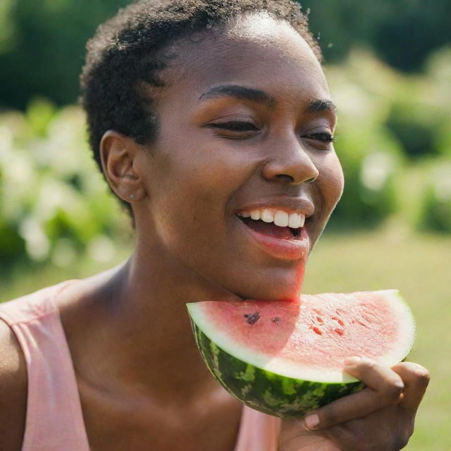 A person with dark skin joyfully munching on a juicy, ripe watermelon slice on a sunny summer day, with juice dripping down their chin