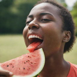 A person with dark skin joyfully munching on a juicy, ripe watermelon slice on a sunny summer day, with juice dripping down their chin