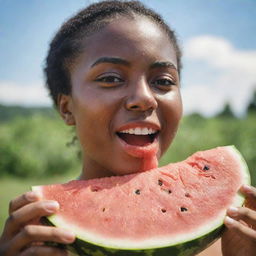 A person with dark skin joyfully munching on a juicy, ripe watermelon slice on a sunny summer day, with juice dripping down their chin