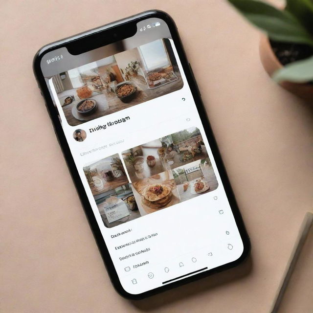 Create a detailed and realistic phone interface displaying an Instagram page with various posts, stories, and interactive elements.