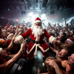 Santa Claus energetically moshing in a packed concert pit, surrounded by anatomically correct, excited human concertgoers, with vibrant stage lights & roar of music in the background.