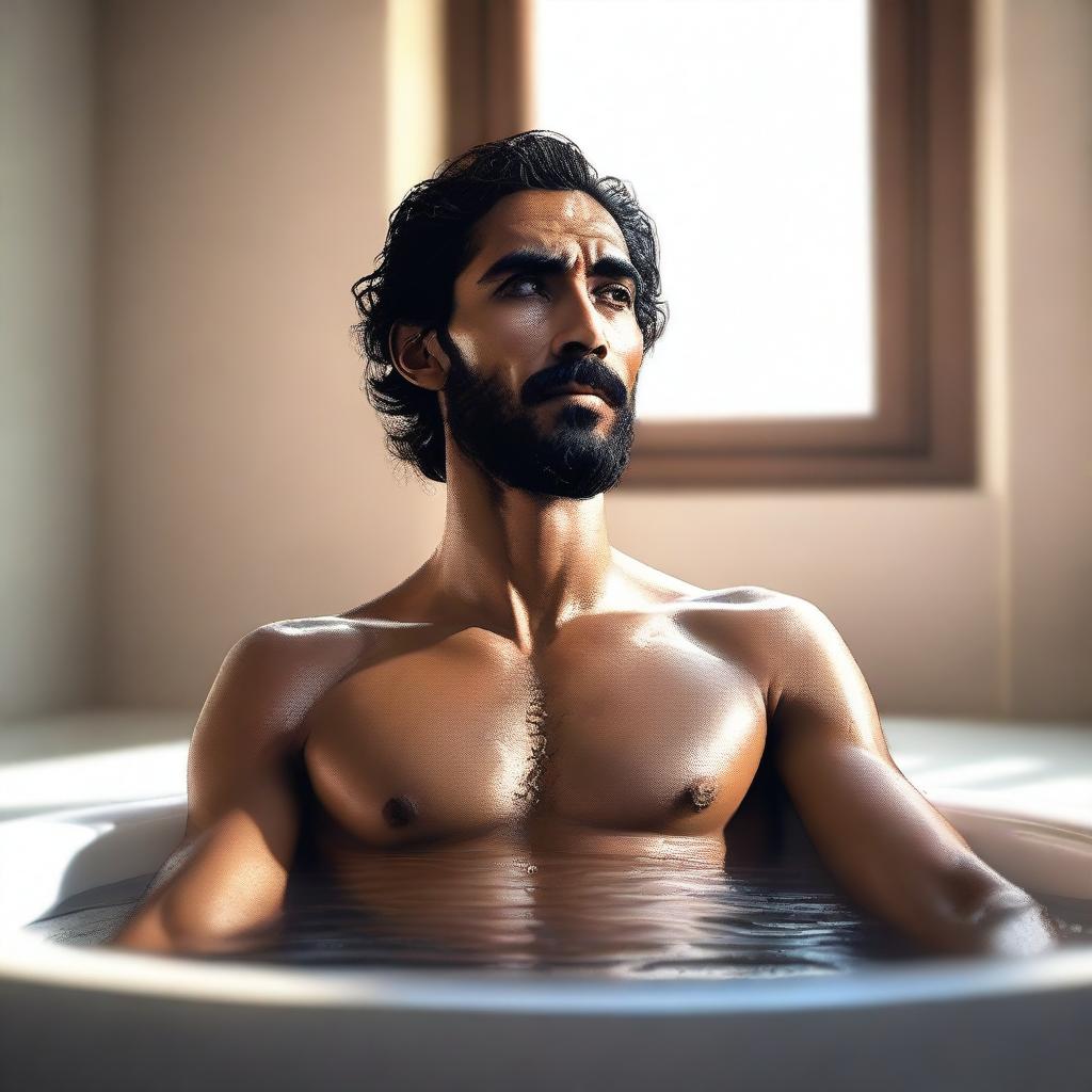 A high-quality, realistic digital art image of an athletic, muscular, shirtless human monk resembling actor Dev Patel with a beard, taking a bath