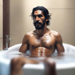 A high-quality, realistic digital art image of an athletic, muscular, shirtless human monk resembling actor Dev Patel with a beard, taking a bath